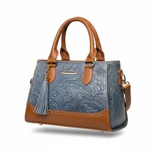Denim Blue Jean Brown Floral Embossed Tooled Artisan LEATHER Crossbody bag Purse